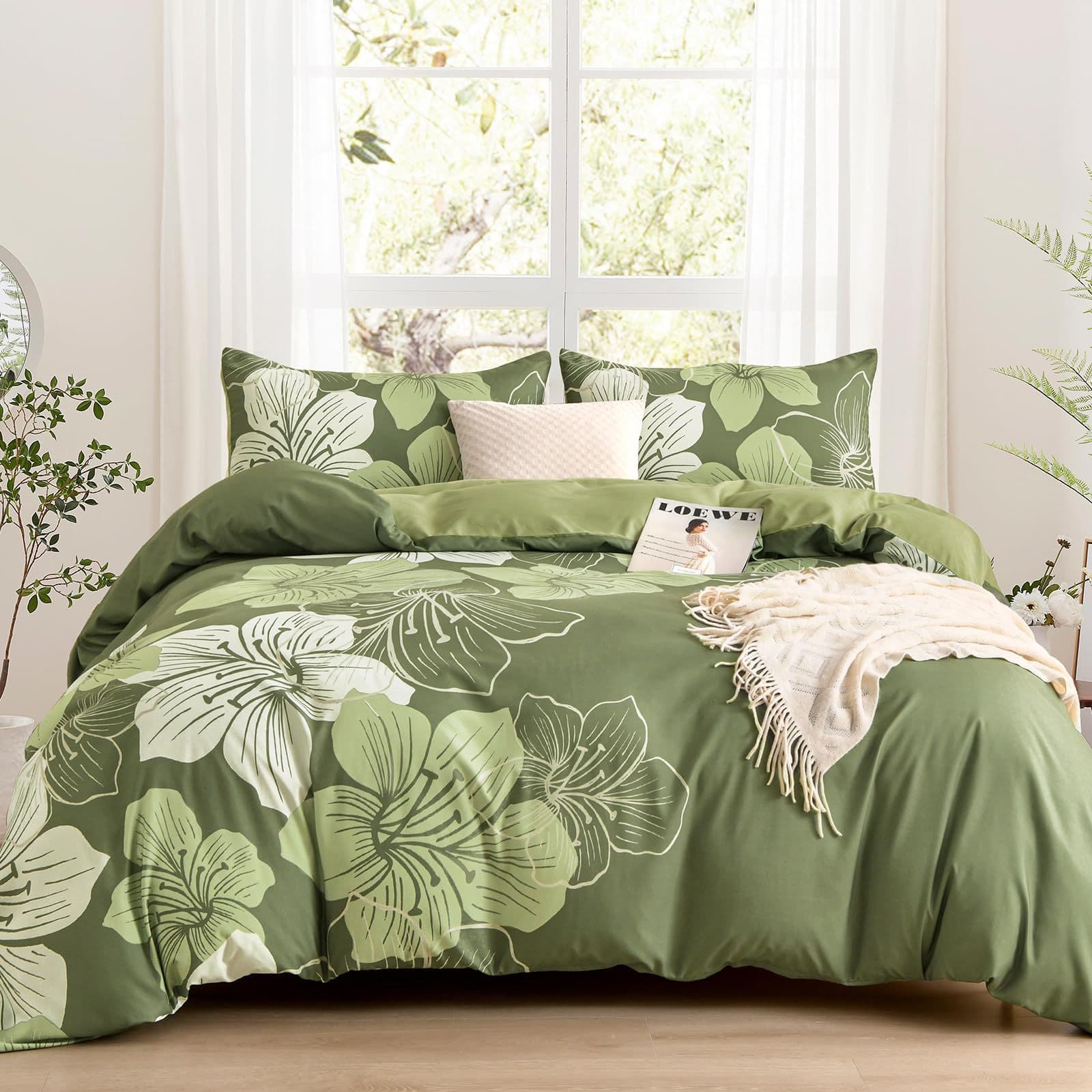 Cross-Border Trade Green Floral Duvet Cover 3-Piece Set Double-Sided Printed Duvet Cover Home Bedroom Bedding Wholesale