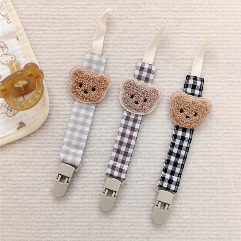 Cross-Border Ins Bear Head Plaid Baby Pacifier Anti-Drop Chain Baby Toy Anti-Lost Strap Plastic Pacifier Clip