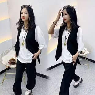 Summer New Loose Plus Size Casual Fashion Suit Loose Short Sleeve T-Shirt Vest Wide Leg Long Pants 3-Piece Set for Women