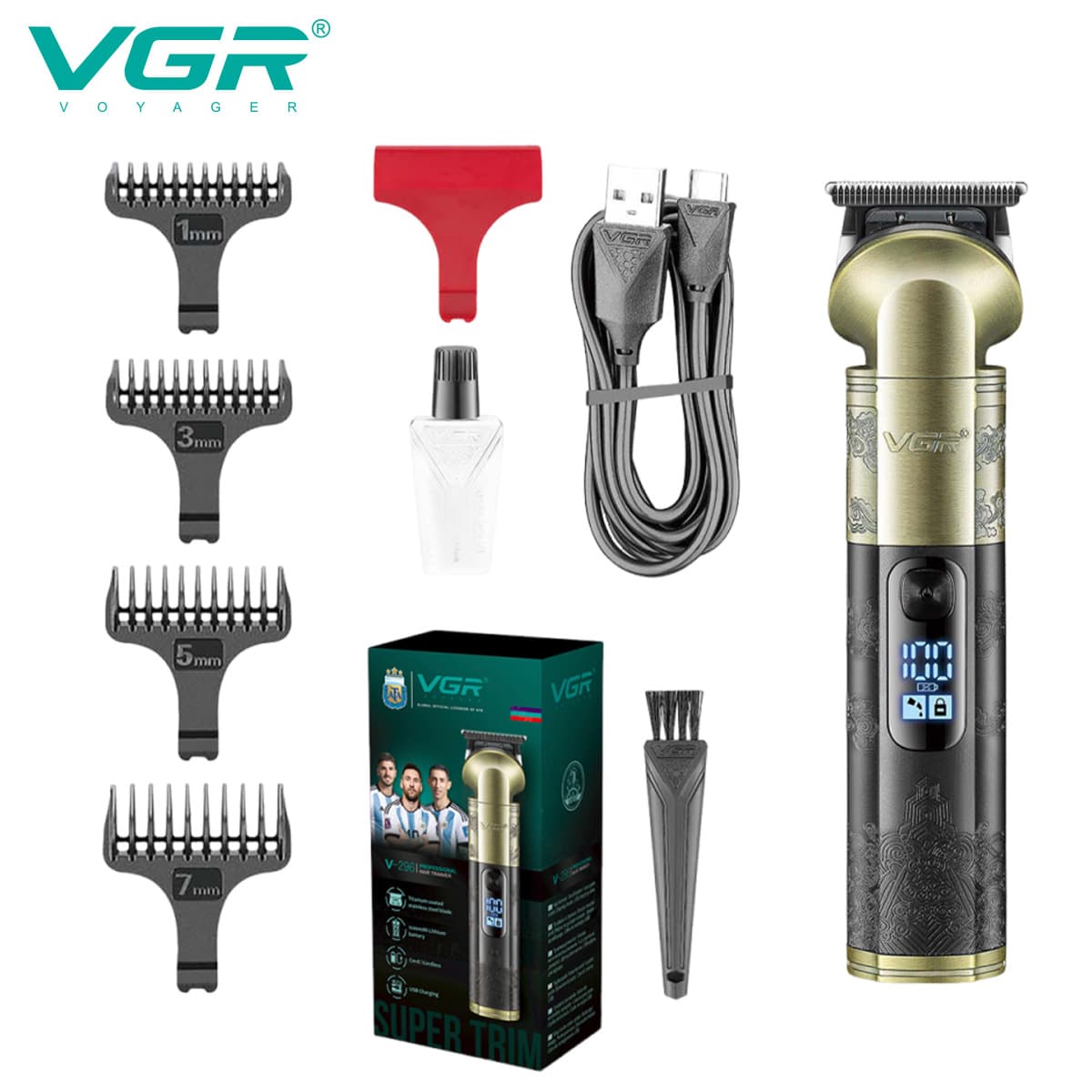 VGR296 Professional Hair Clipper Metal Splicing Anti-slip Handle Electric Trimmer Digital Display Carving Scissors for All