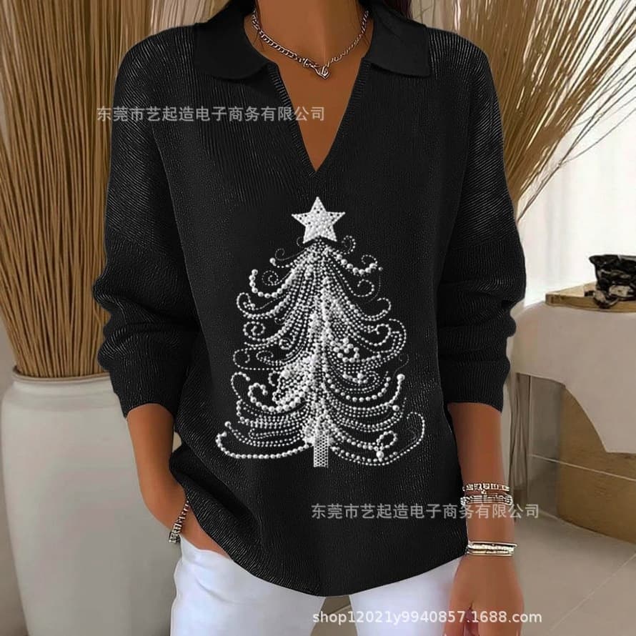 2025 new style temu best-selling 3D digital print women's collar long-sleeve solid color knitted fleece sweater