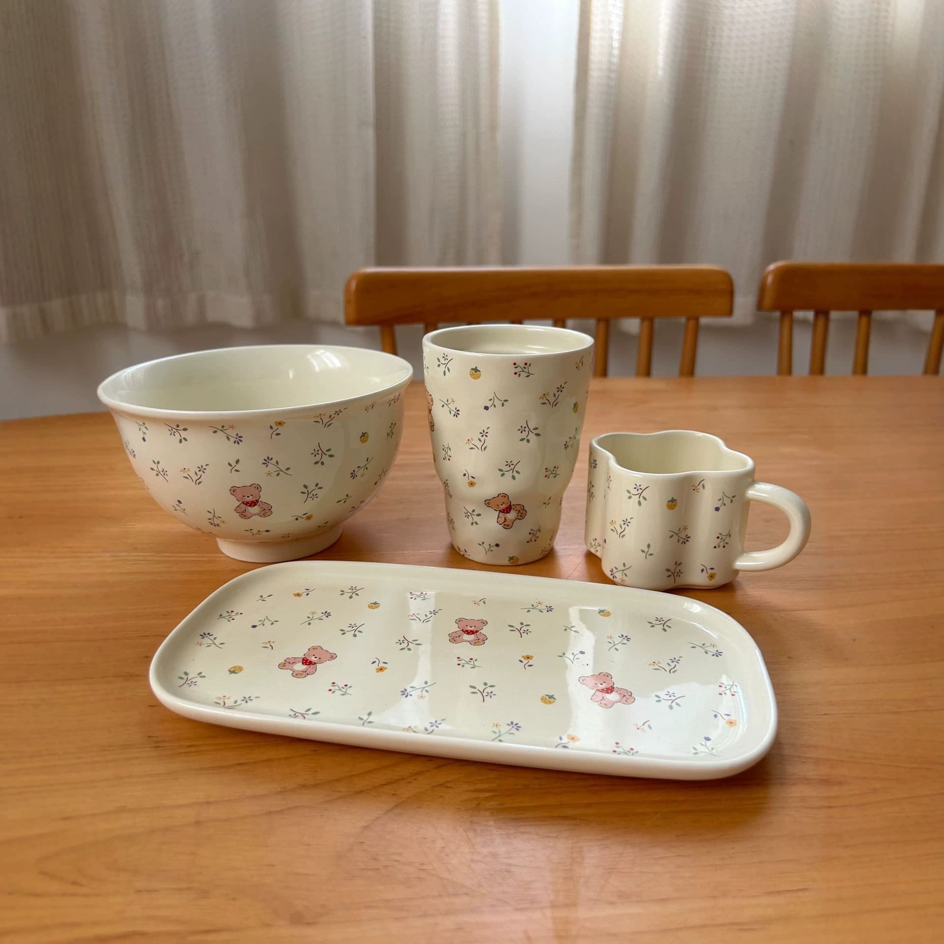 Korean Breakfast Plate Ceremonial Bear Honey Ceramic Tray High-Appearance Coffee Milk Cup Noodle Bowl