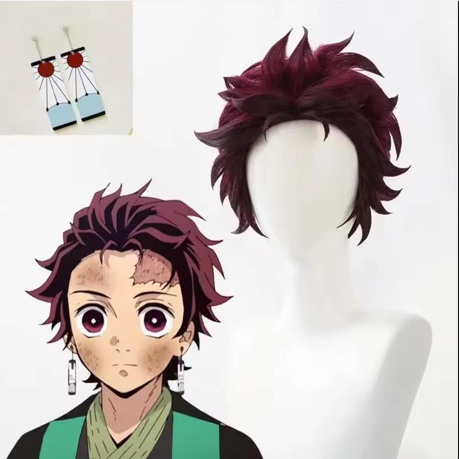 Demon Slayer Tanjiro Kamado Gradient Highlighted Pompadour Flip Thickened Cosplay Wig Tanjiro Earrings