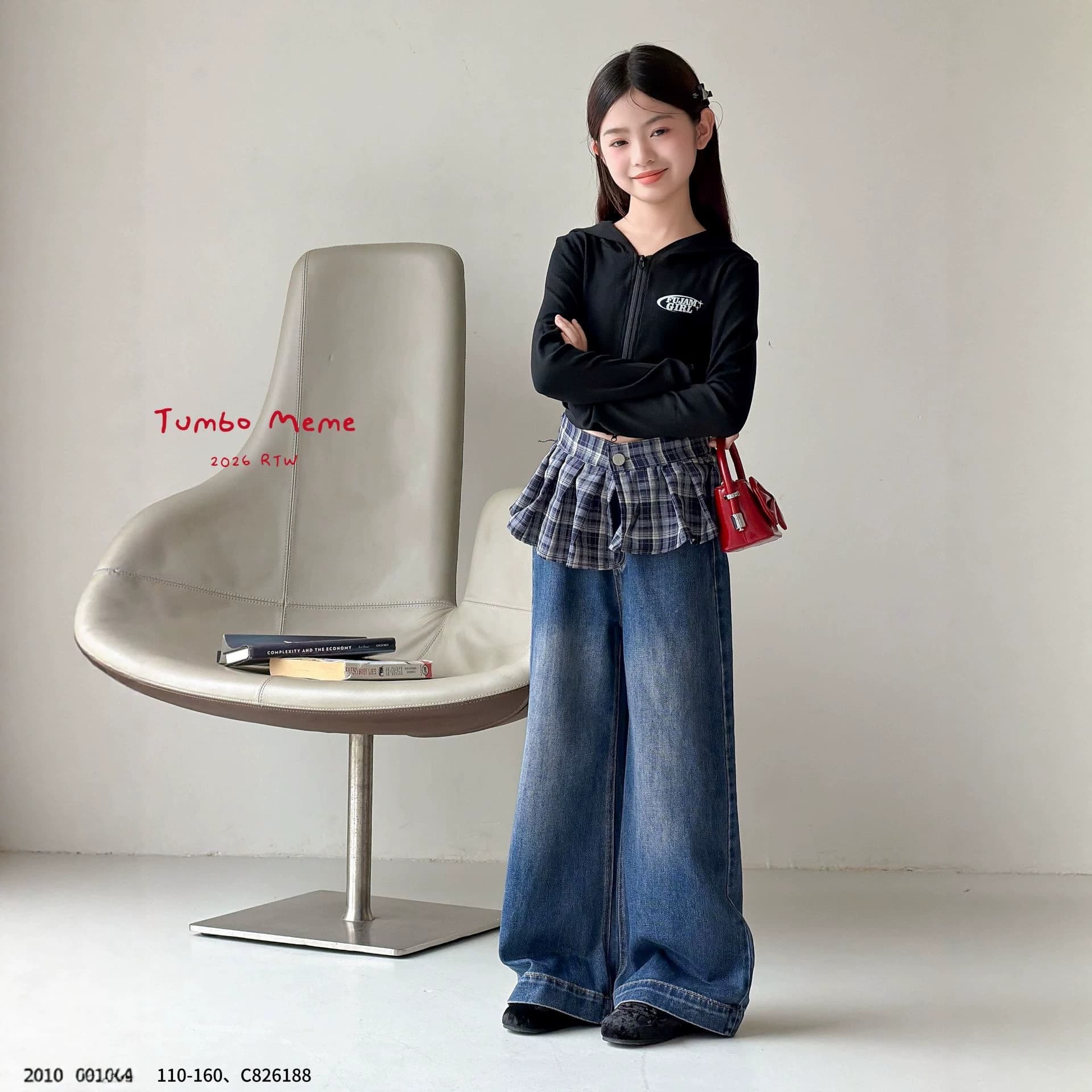 Girls' Spring Autumn Jeans Loose Trendy Plaid Skirt Panel Wide Leg Pants Huzhou Zhili Kids Clothing Cross-Border Middle Older Kids