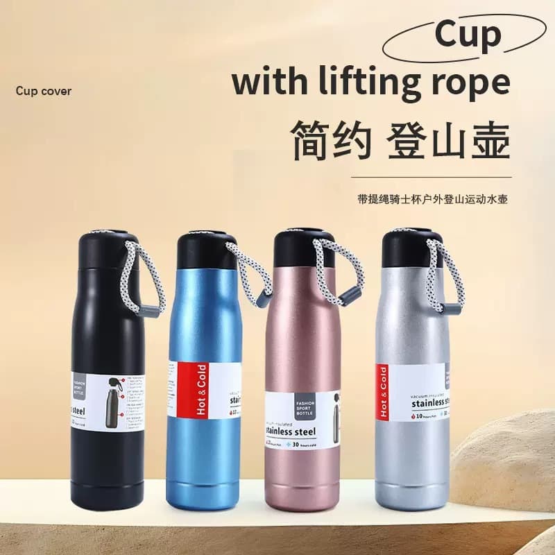 Cross-border Portable 304 Stainless Steel Insulated Cup, Simple Style Thermos, High Aesthetic Insulated Bottle with Carry Strap for Outdoor Use
