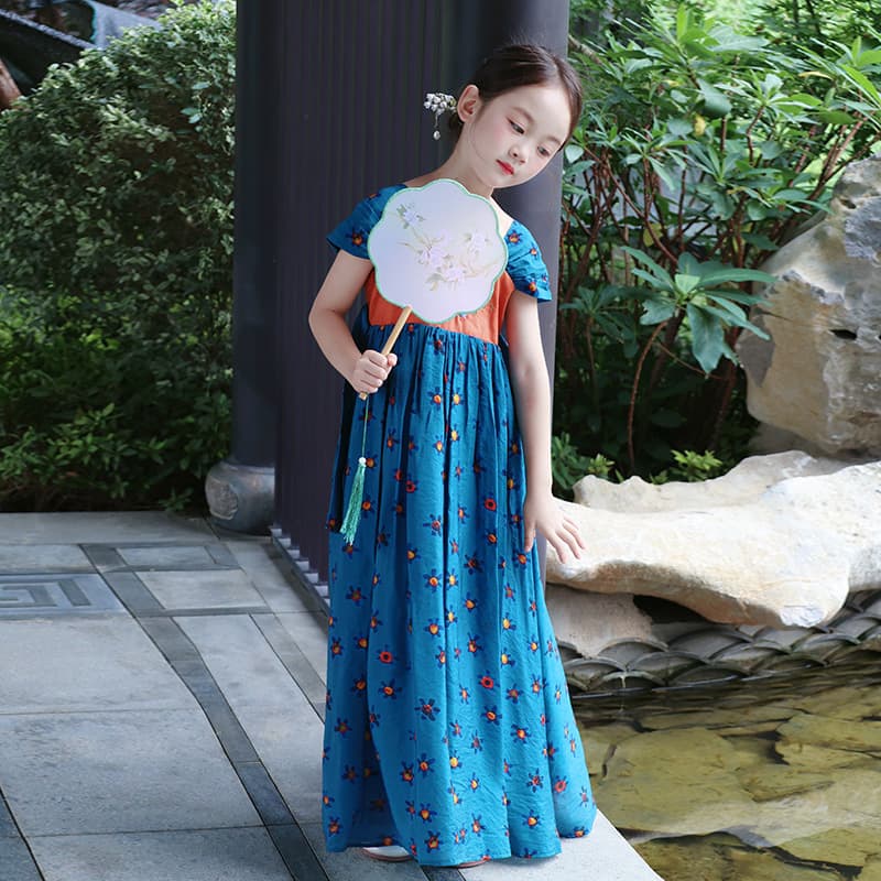 Chinese style girls Tang suit embroidered dress summer new Chinese style children Hanfu ancient costume mid-length cheongsam skirt