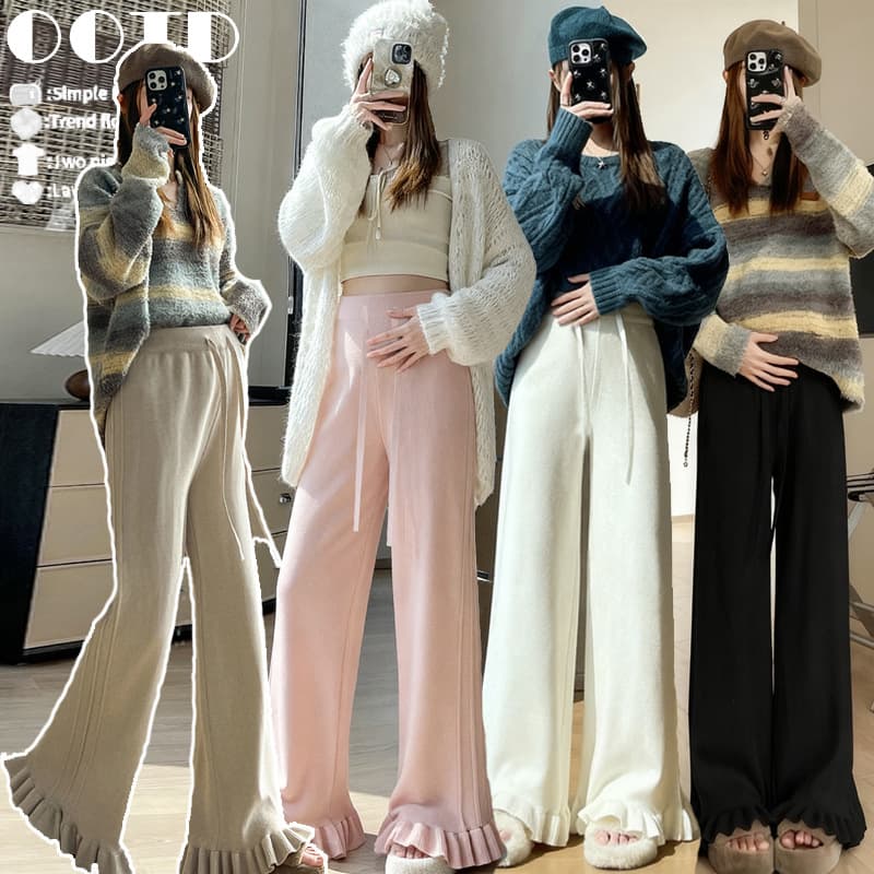 Maternity pants autumn and winter new style fungus knitted casual wide-leg pants lazy style soft waxy wool maternity floor mopping pants