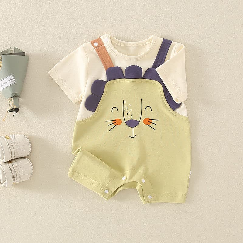 Baby summer clothes for boys, thin onesies, cartoon lion fake two-piece summer clothes, rompers, summer trendy short-sleeved clothes