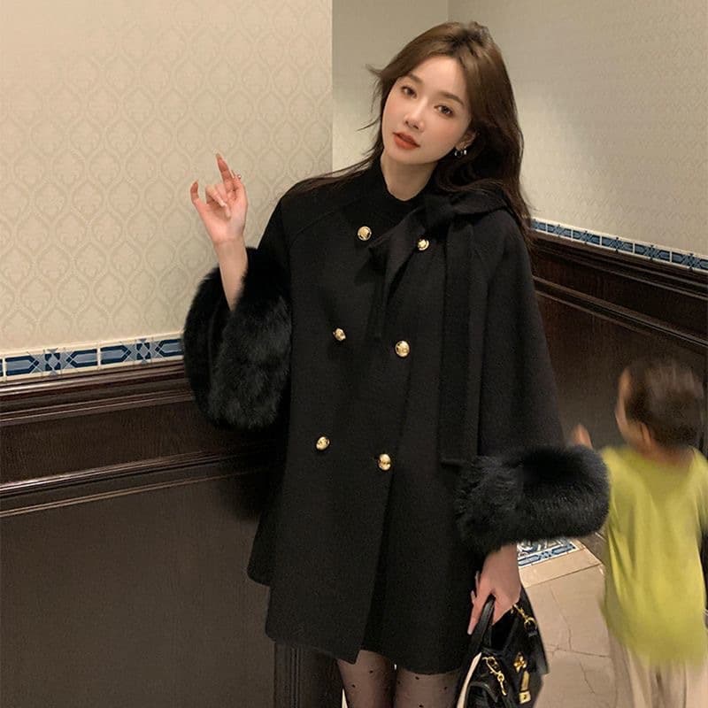High-end French woolen coat for autumn and winter, new temperament, thickened and warm, woolen cuffs, woolen coat for small people
