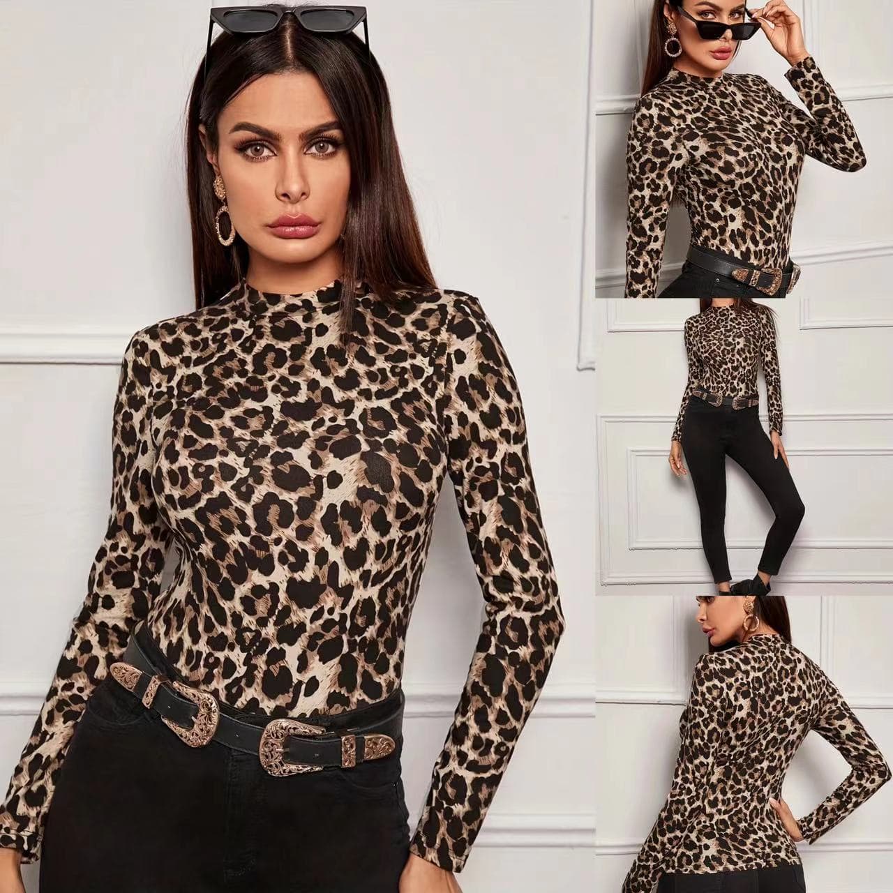 Slim Fit Leopard Print Top High Quality Polyester Fabric Long Sleeve round Neck T-Shirt Elegant Classy Style for Women Spring Summer Fashion