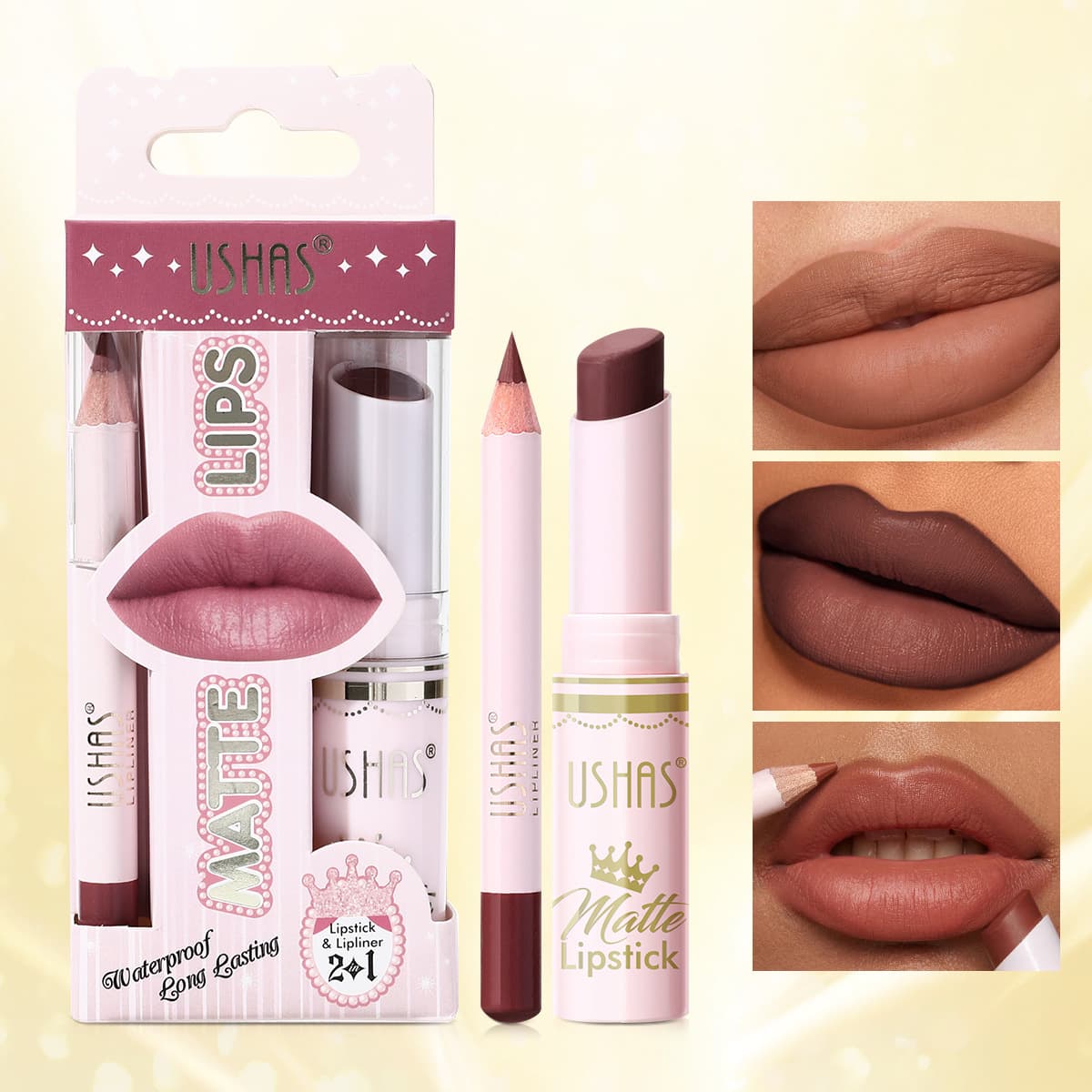 USHAS Cross-Border Hot Selling Non-Stick Long-Lasting Waterproof Matte Lipstick + Lip Liner Set 12 Colors UCS004