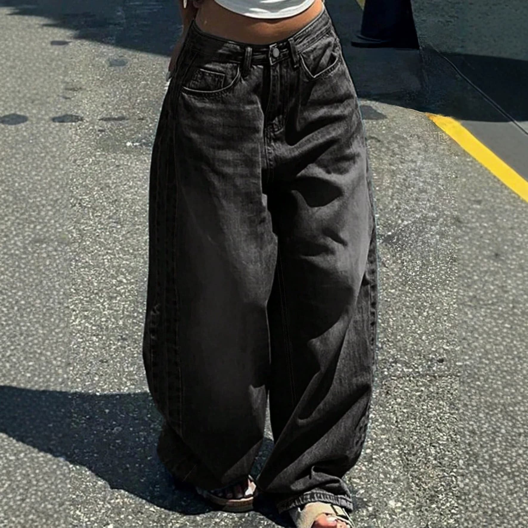 Cross-border Stock for EU/US Amazon Teen Girls Waist Adjustment Design High-Waist Wide-Leg Jeans