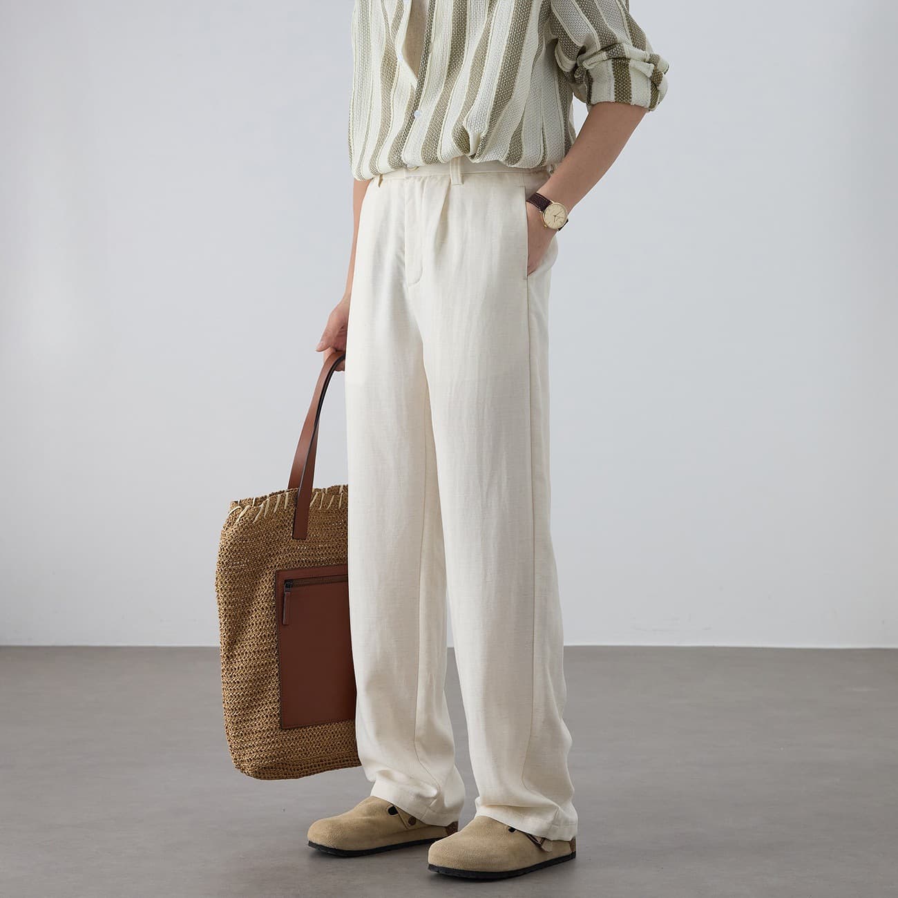 Spring Tencel Linen Casual Pants for Men, Solid Color Versatile Loose Fit, High-End Business Straight Leg Trousers