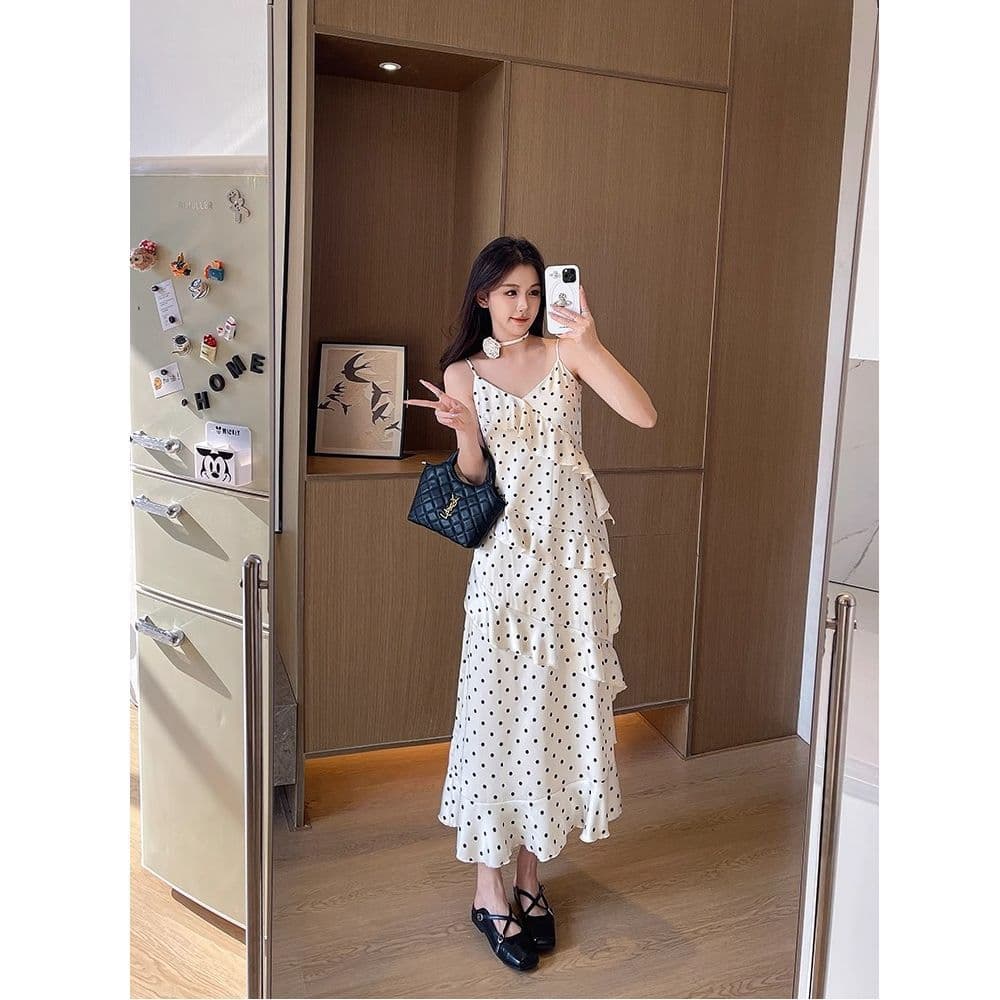 College style suspender dress for women 2026 spring and summer new style waist slimming French ruffle long skirt
