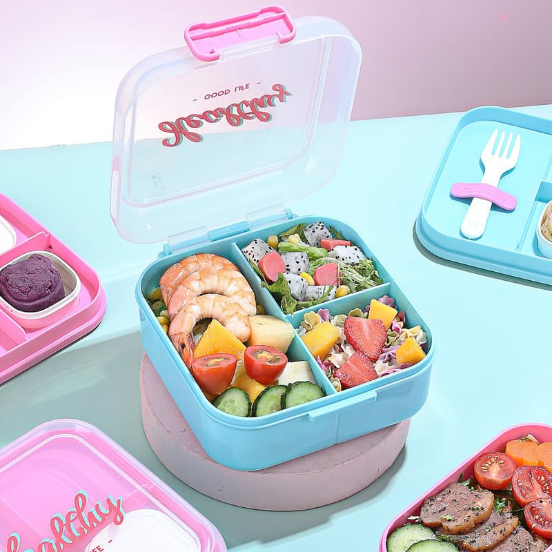 Plastic compartmented lunch box with handle, portable sealed fruit light snack work lunch box, microwaveable with sauce box