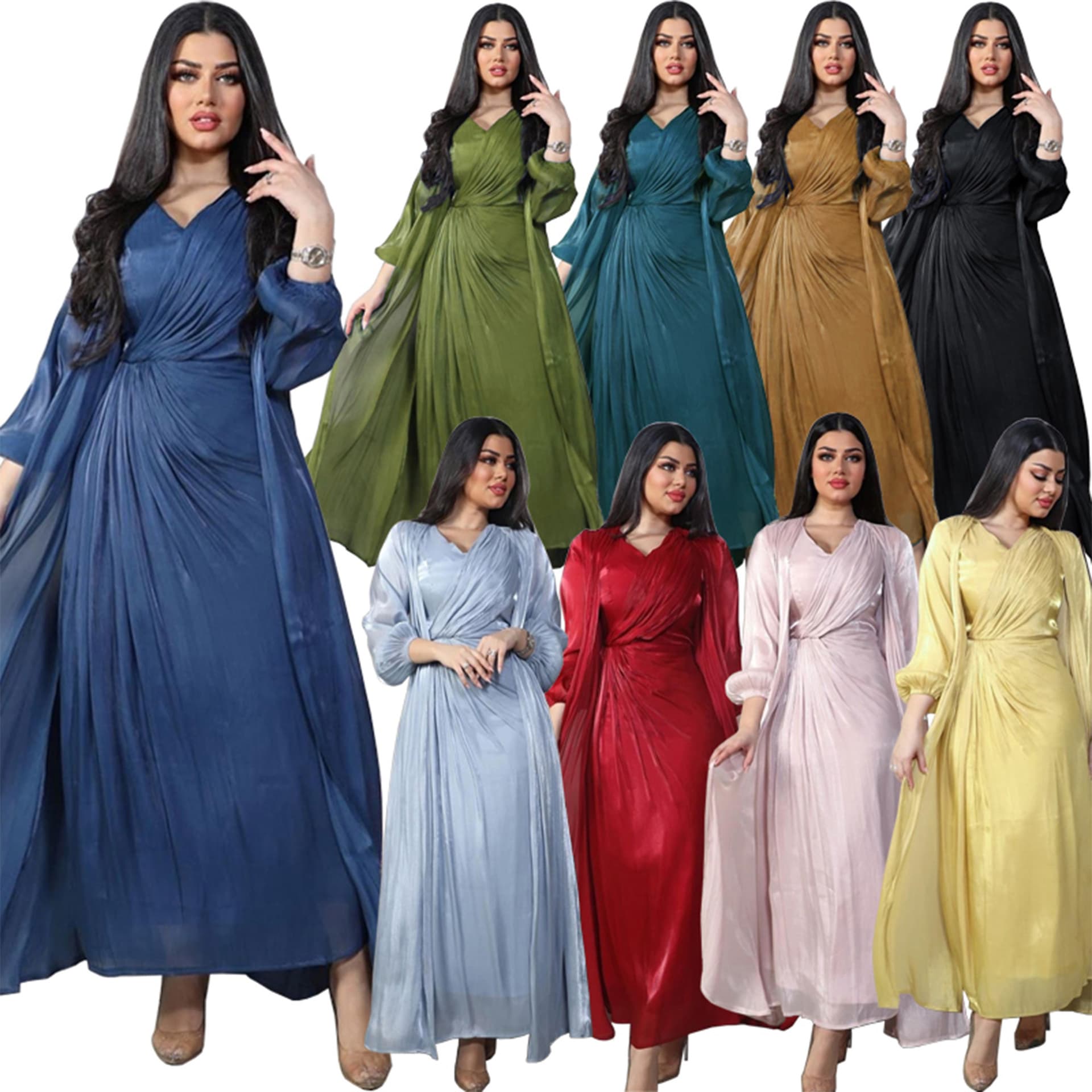 MQ056 2026 Summer New Cross-Border Modest Shiny Silk Long Dress Fashion Soft Solid Two-Piece Set