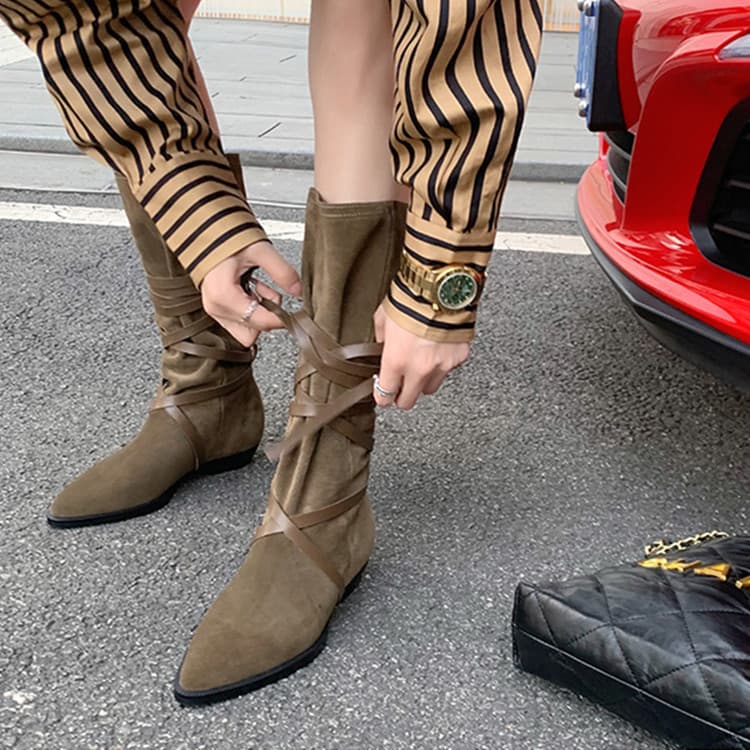 Manufacturer wholesale western cowboy boots pointed toe straps retro mid-calf boots mid-heel increased boots for women autumn new style