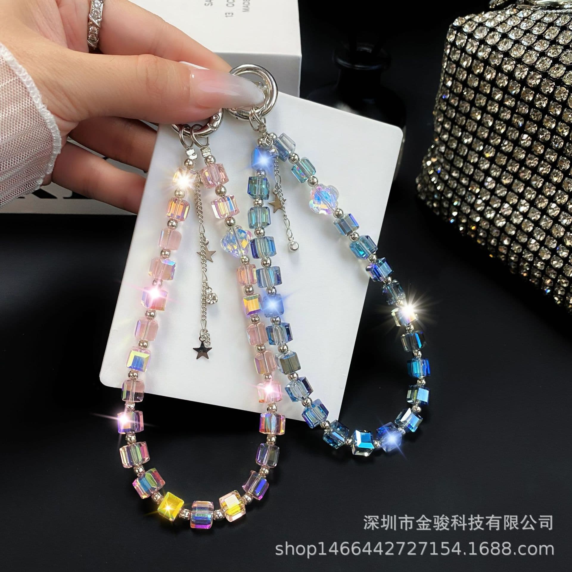 Square Crystal Bead Phone Strap Pendant Accessory Short Lanyard New Phone Chain Keychain