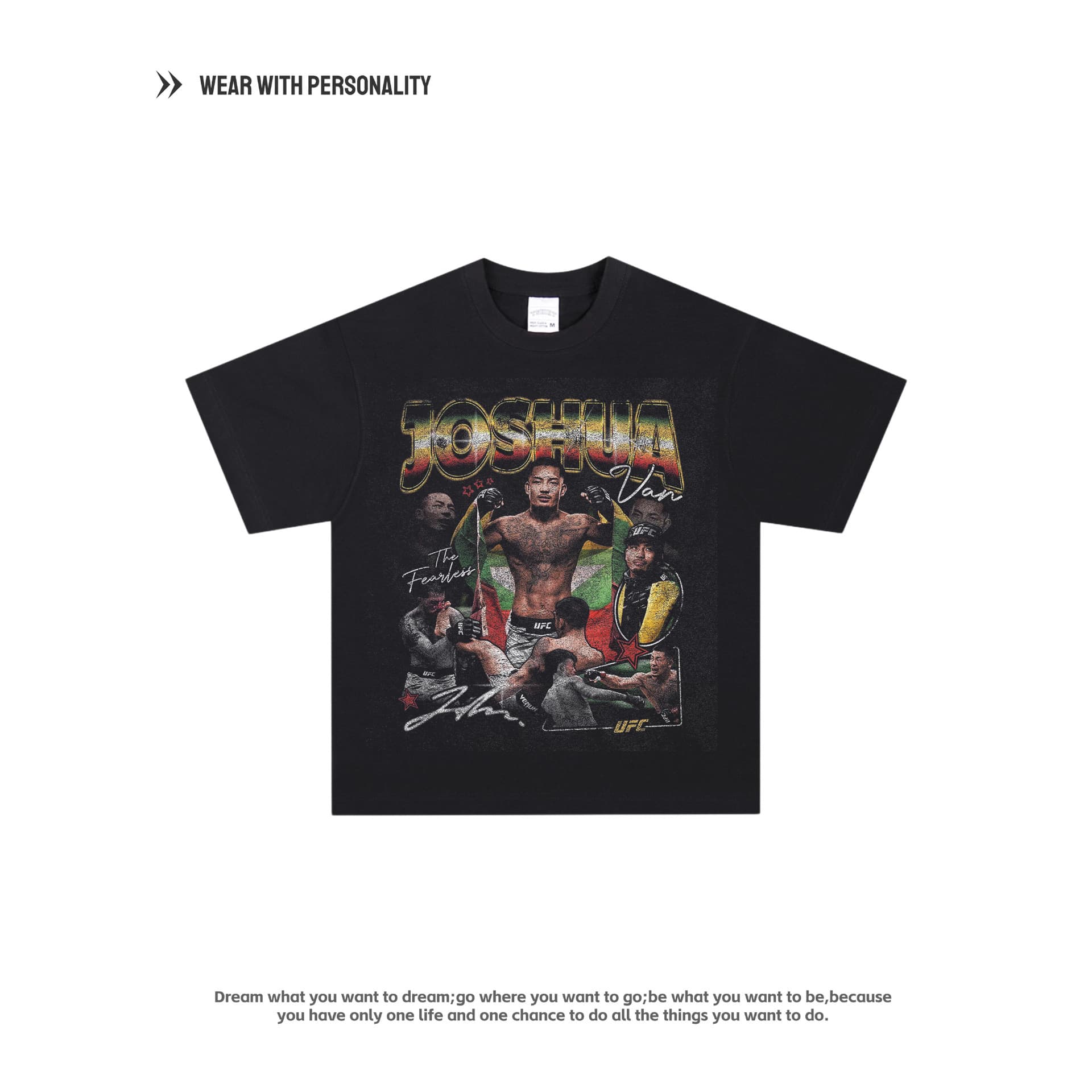 Joshua Fan Short-Sleeve UFC Print American Streetwear Heavyweight Pure Cotton Breathable T-Shirt Boxing Sports Retro Tee