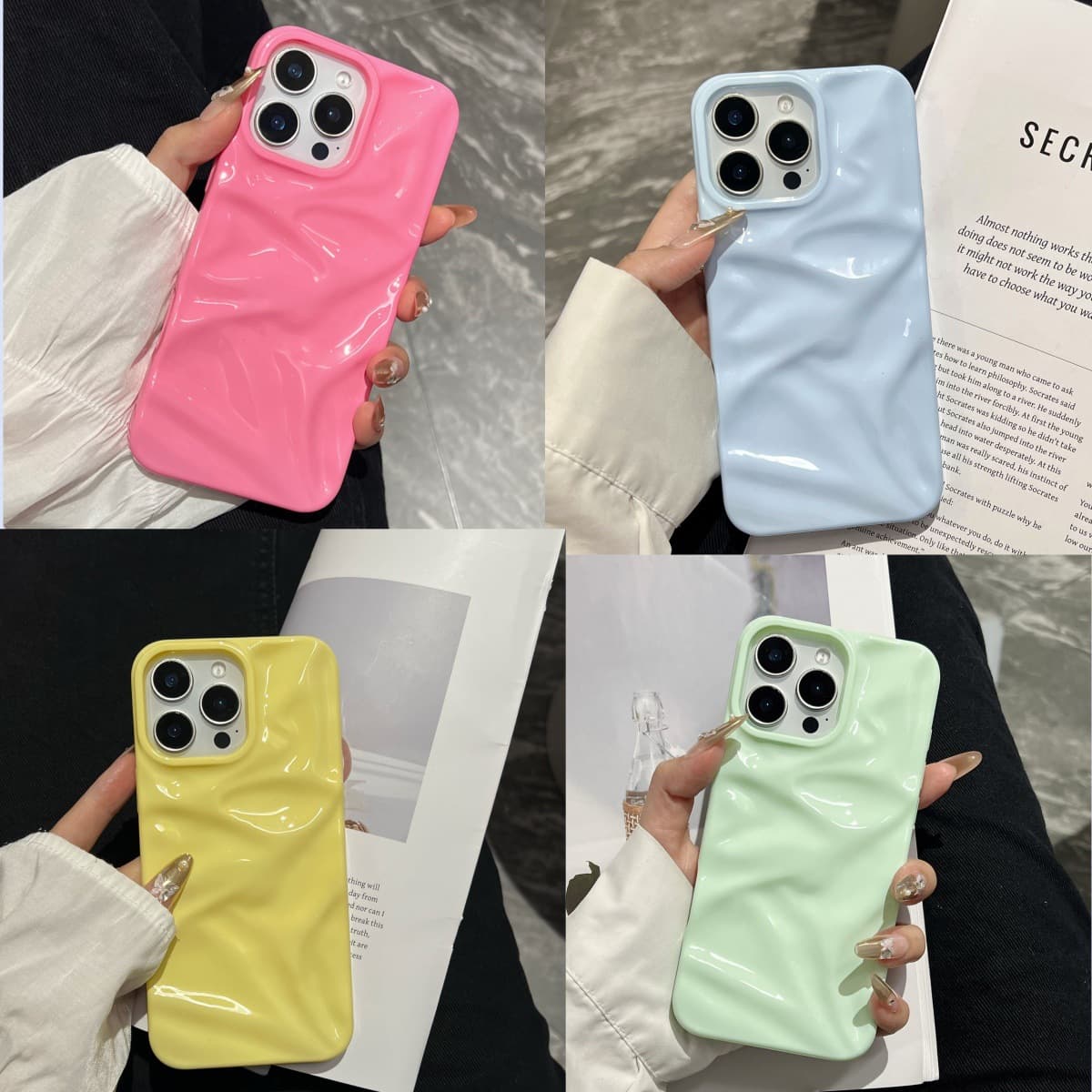 Ins-style 3D pleated texture phone case for iPhone 16 Pro Max Apple 17, macaron color series 14/15