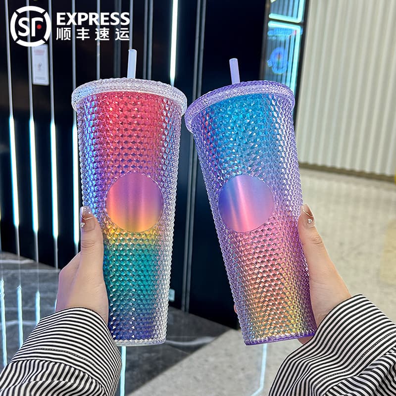 Manufacturer Cross-Border Wholesale Creative Fashionable High-Value Large-Capacity Double-Layer Plastic Gradient Trendy Durian Straw Cup