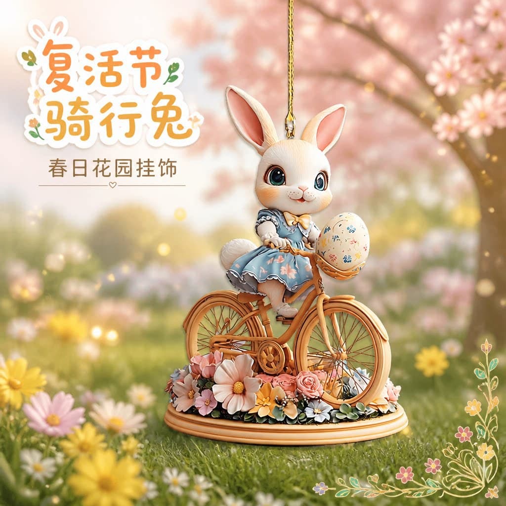 2D Flat Acrylic Easter Bunny Riding Ornament with Gold Wire String Decoration