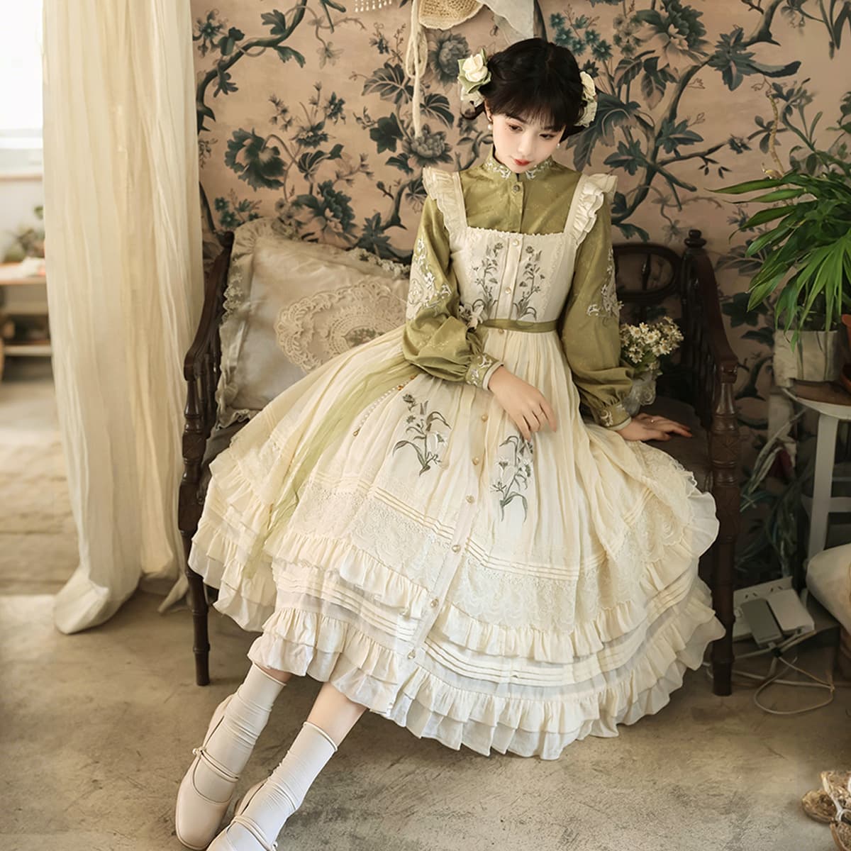 Yimengge Original Lily Poem Hanfu Women's Chinese Style Hanfu New Chinese Top and Camisole Dress Set 9577
