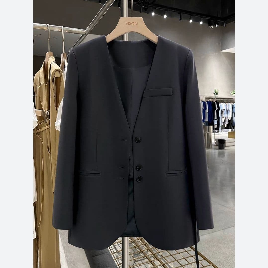 Dark gray collarless light mature style blazer for women Autumn 2025 new Korean-style niche simple slimming suit