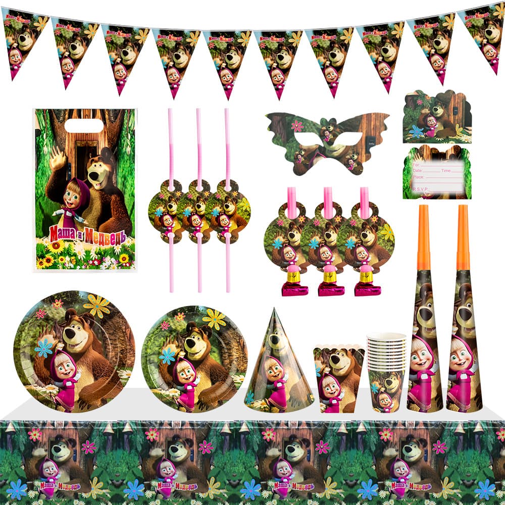 Cross-border wholesale Masha and the Bear themed children's birthday party disposable paper plates, cups, and napkins