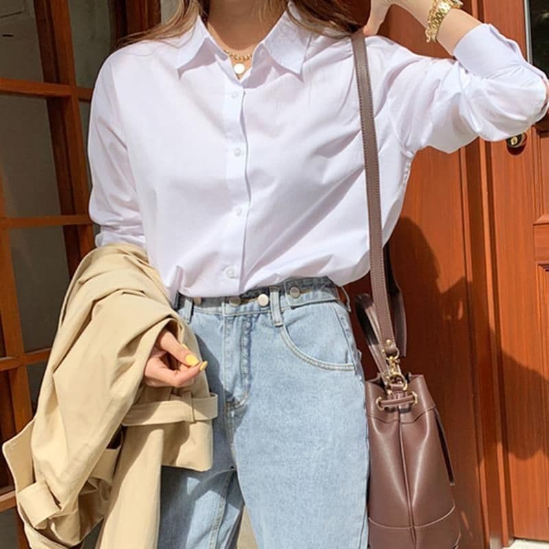 Korean Commute Solid Simple Shirt 2024 Spring/Autumn New Loose Casual White Blouse Base Layer