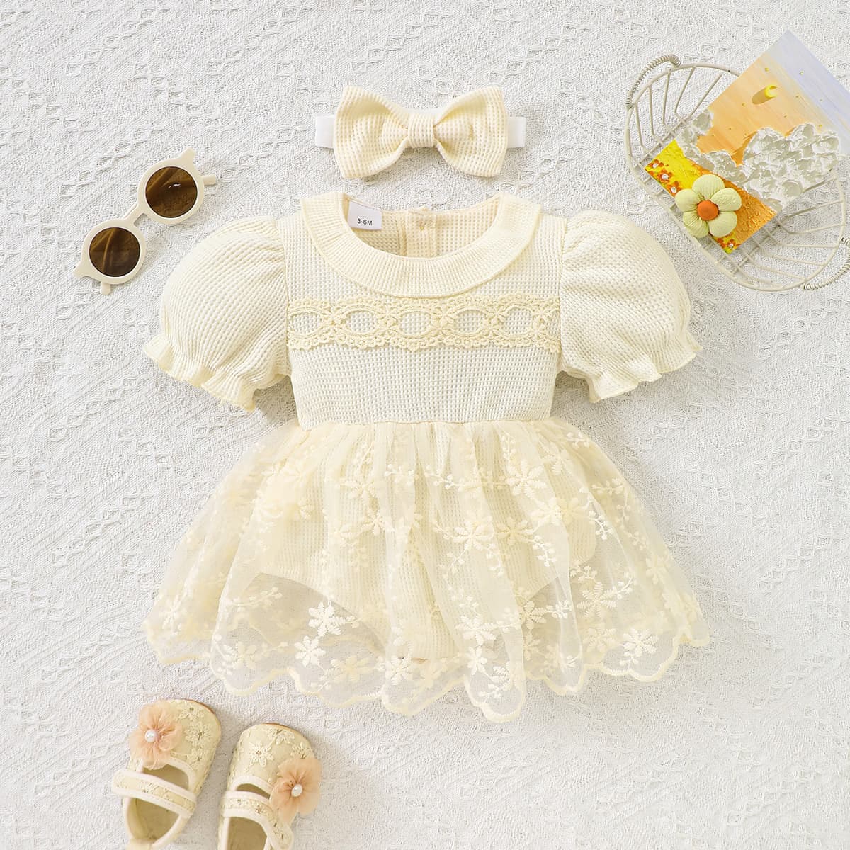 Baby Summer Bodysuit Dress, Princess Lace Bodysuit for Full Moon and 100 Days Celebration, Lightweight