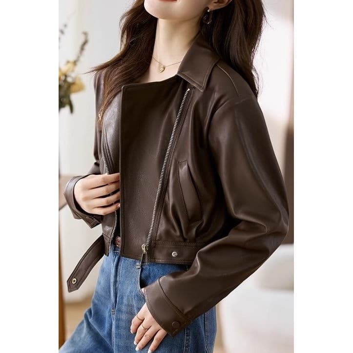 2025 Spring/Autumn Trendy Short PU Leather Jacket Coffee Turn-Down Collar Motorcycle Coat Design Women