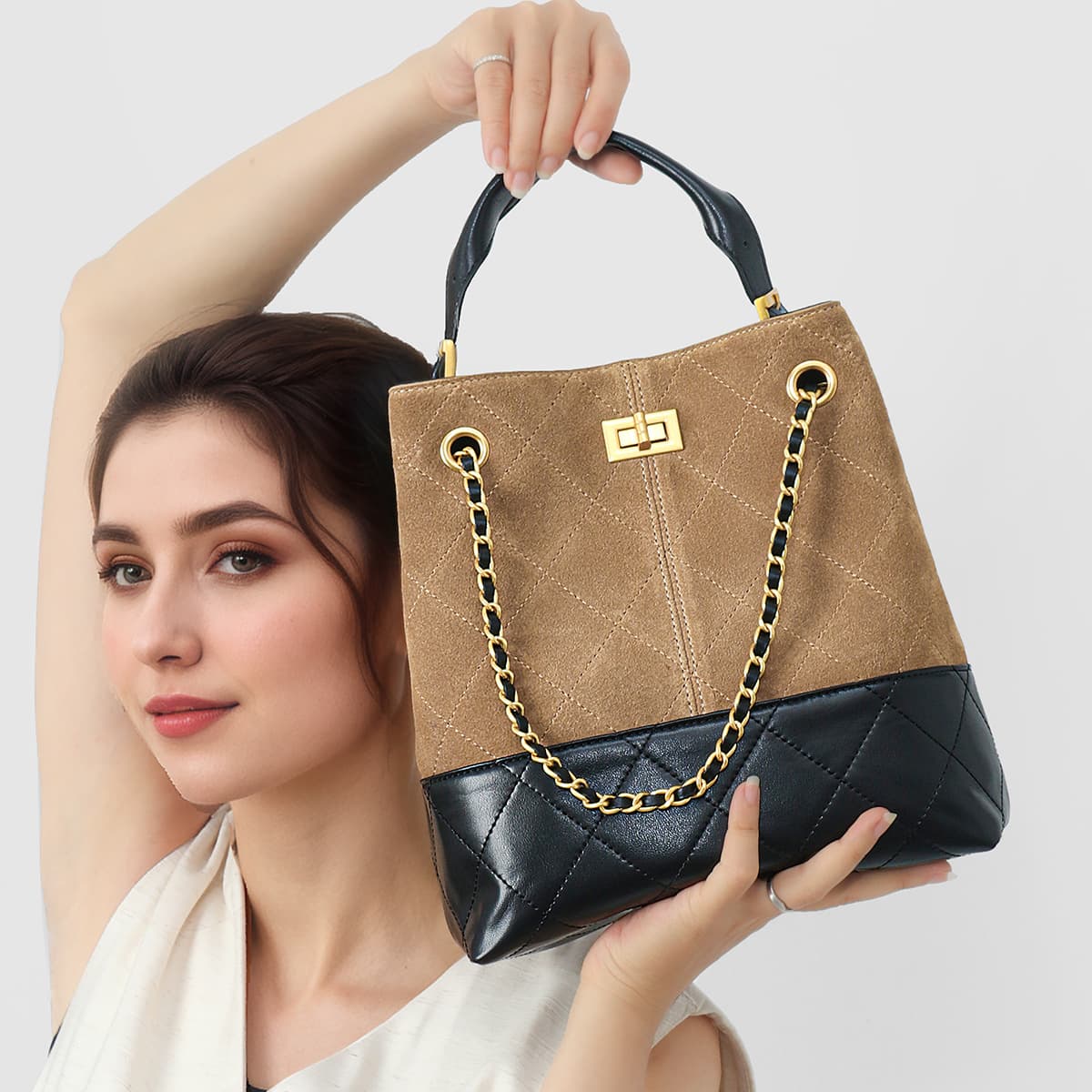 Bags Crossbody Bags Women's Small Fragrance Hot Selling Women's Bags Wandering Color Block Genuine Leather Commuting Shoulder Bucket Bag