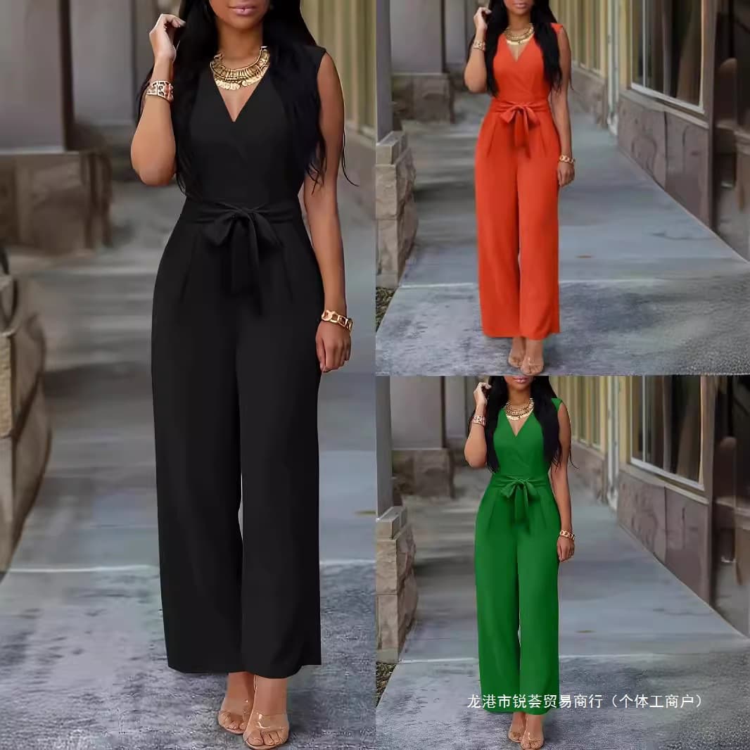 2026 spring and summer European and American cross-border women's clothing new foreign trade V-neck wide-leg jumpsuit sleeveless belted jumpsuit for women 0