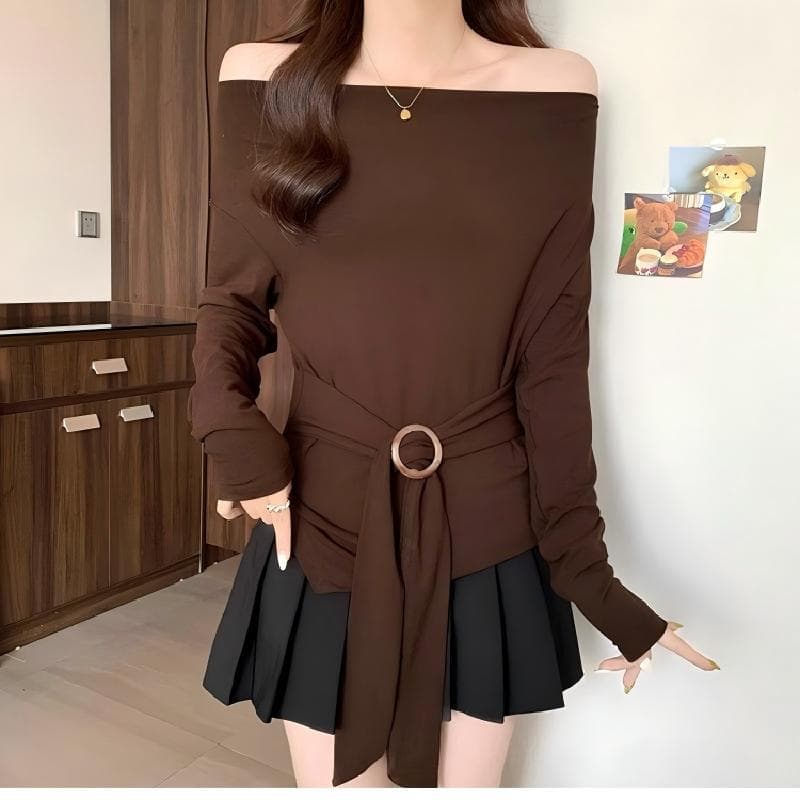【40 Cool Silk Cotton】French Fashion Off-Shoulder Draped Neck Long-Sleeve T-Shirt for Women, Autumn Irregular Hem Top