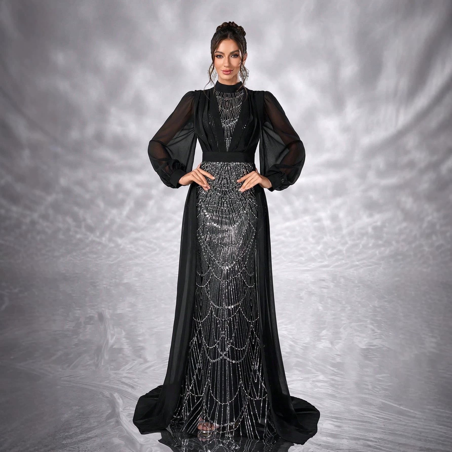 New Export Evening Dress Chiffon Sequin Gown Beaded Patchwork Design Long Sleeve Wholesale Dress-MG1844