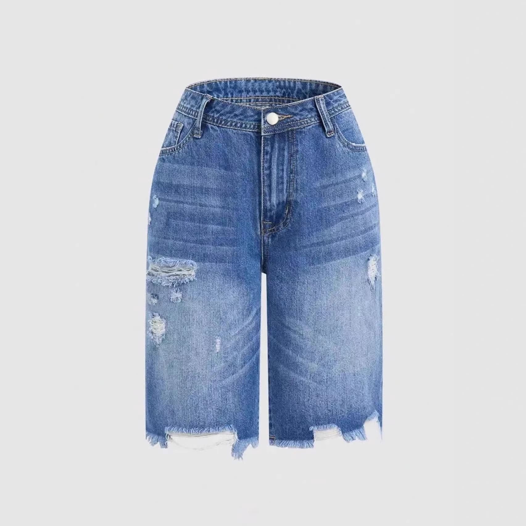 New Women's Distressed Denim Shorts for EU/US Cross-Border TeMU TK, Casual Mid-Length Ripped Denim Shorts
