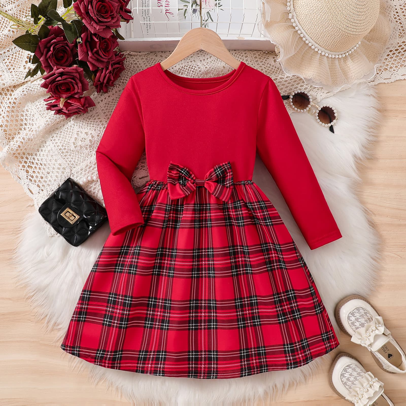 Christmas Dress for Kids New Plaid Long Sleeve Bow Dress for Girls Toddler and Children Holiday Party Gown