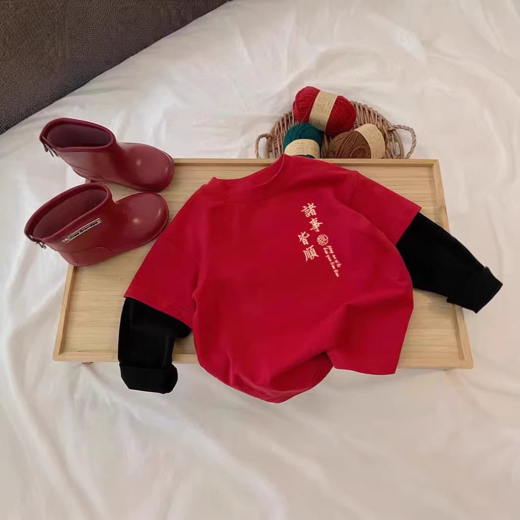 New Year Children's Red Pure Cotton T-Shirt 2026 Year of the Horse Long-Sleeve Boys and Girls Toddler New Year Outfit Fake Two-Piece