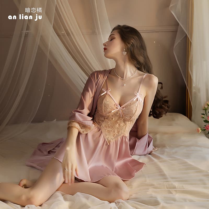 Feiyun New Satin Pajamas Women Sexy Deep V Lace Long Sleeve Bathrobe Nightgown Home Clothing Robe Wholesale 416