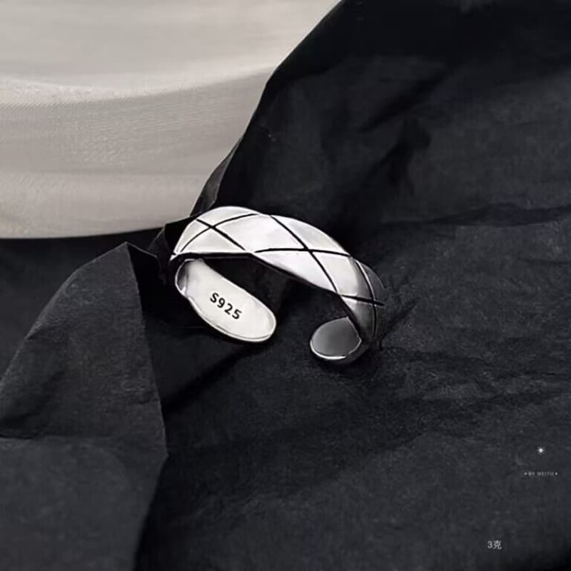 No. 5588 S925 Sterling Silver Rhombus Pattern Ring, Trendy Open Student Style Minimalist INS Vintage Ring