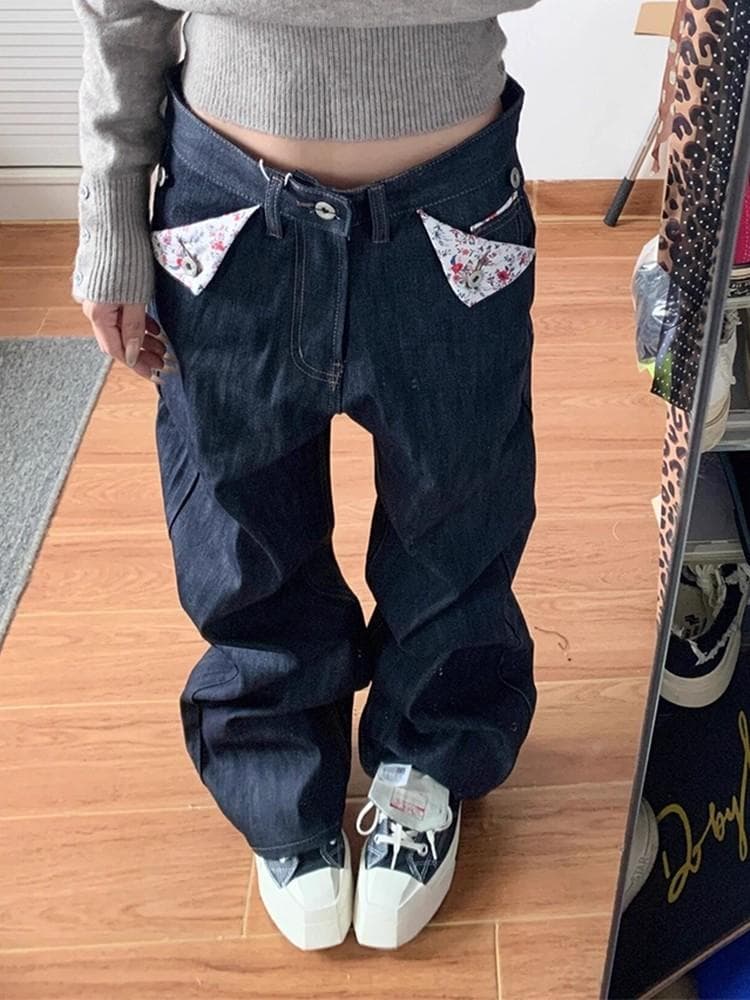 Dark blue silhouette floral selvedge patchwork jeans niche trendy brand design men's and women's workwear straight pants
