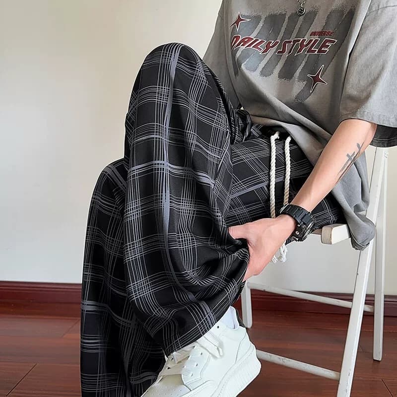 Men's Summer Plaid Pants, Thin Style, Trendy Brand, Couple's Cooling Casual Long Pants, Loose Straight-Leg Quick-Dry Wide-Leg Pants