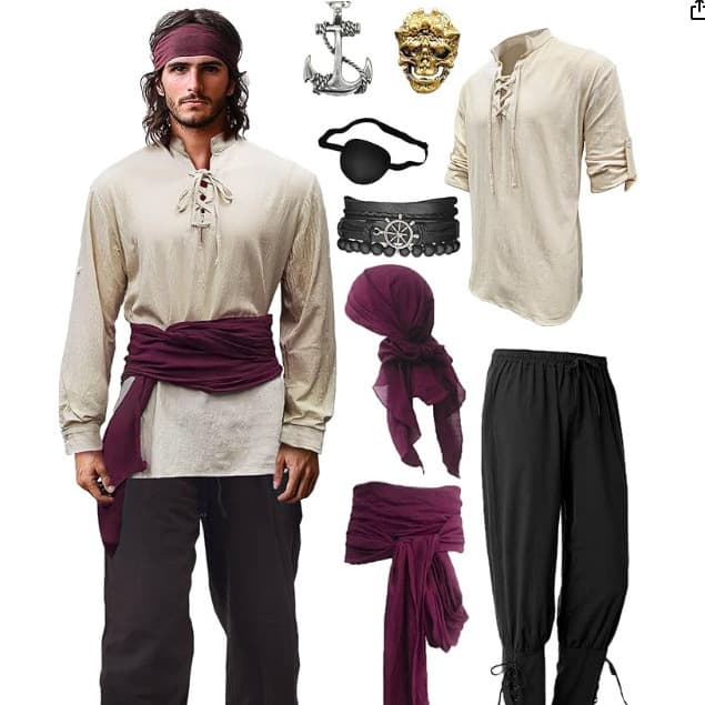 8-Piece Set Halloween Men's Renaissance Period Costume Set Medieval Pirate Shirt Ankle Ribbon Pants