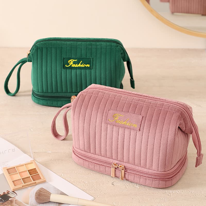 New Cross-border Dutch Velvet Makeup Bag Large Capacity Portable Toiletry Makeup Bag Double Layer Travel Makeup Bag High Appearance