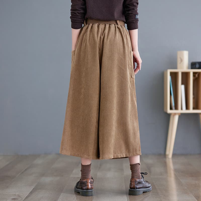 2025 Corduroy Skirt Pants for Women, Elastic Waist with Belt, Loose Fit, Slimming, Versatile, Cropped Wide-Leg Pants