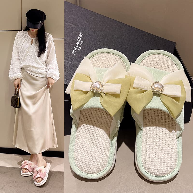 Simple ins-style bow linen slippers, indoor summer slippers for women, literary fabric slippers factory wholesale