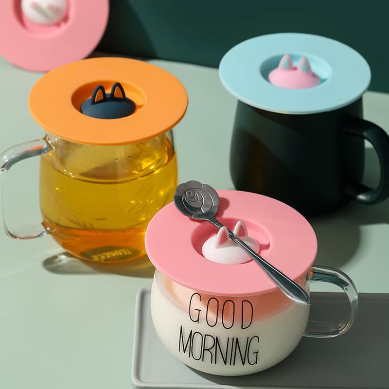 Leak Proof Round Universal Mug Lid Wholesale Creative Cartoon Cat Ears Food Grade Silicone Cup Lid Dustproof