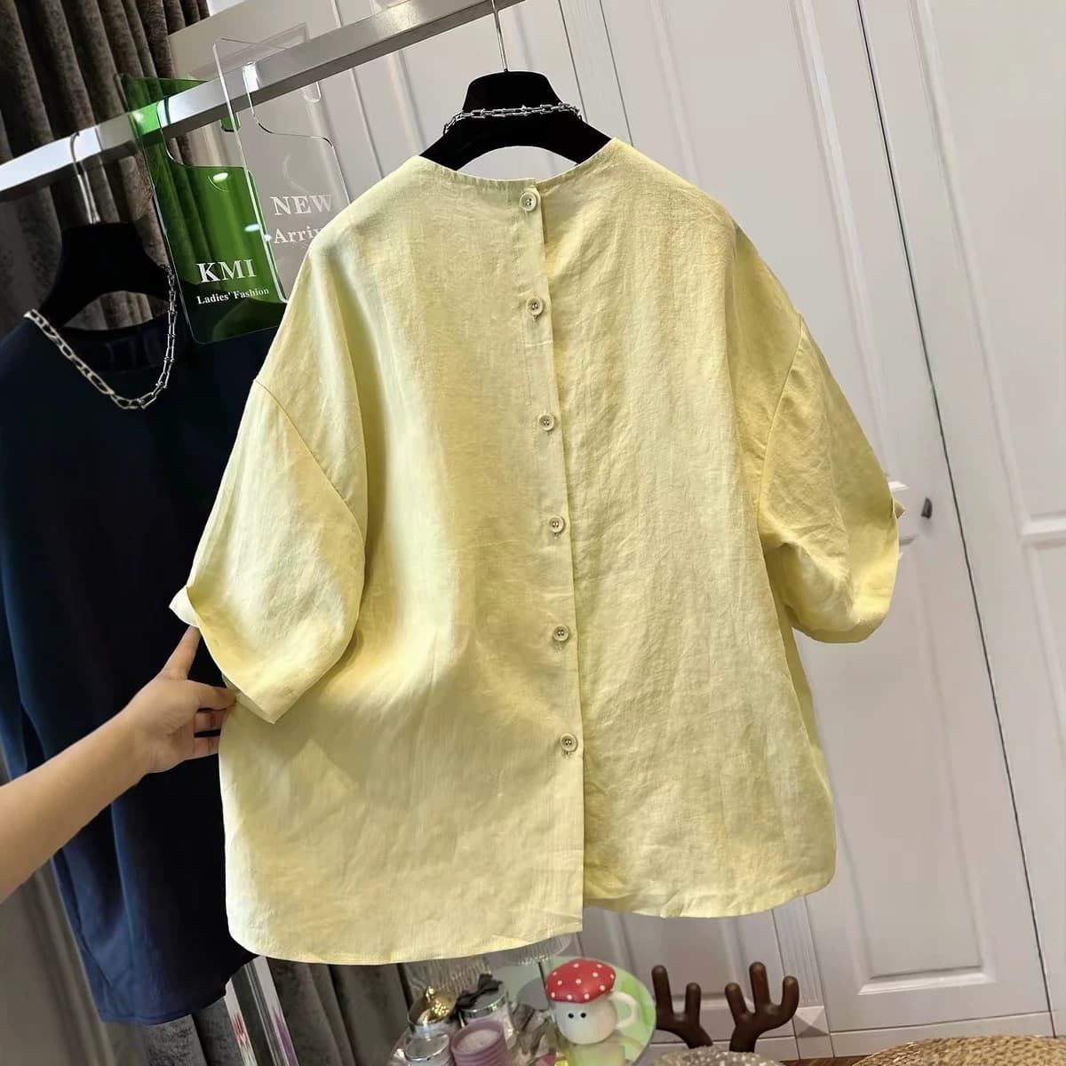 Cross-border Plus Size 240 lbs Pure Navy Blue Loose Short Sleeve Back Button Patchwork Summer New Versatile Wholesale Ins