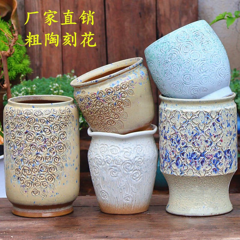 Handmade Rustic Terracotta Pot for Succulent Bonsai, Carved Wide-Mouth Orchid Planter, Green Plant Flower Pot Tall